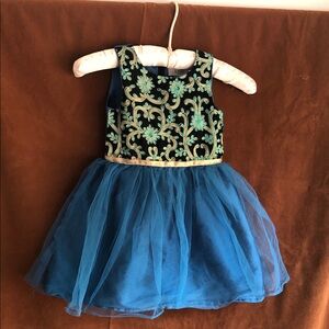 Girls Teal Embroidered Tulle Party Dress with Gold Waist Trim